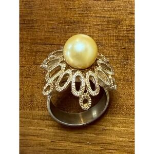 Vintage Gold Tone Faux Pearl Sunburst Cocktail Ring Adjustable Statement Band